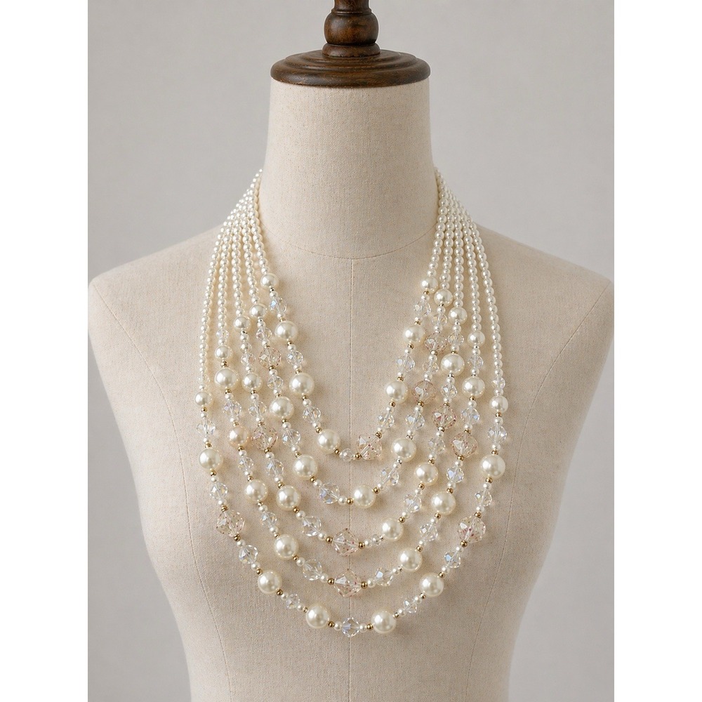 Faux Pearl & Faceted Acrylic 5 Strand Necklace 18" Shortest Length Beaded White